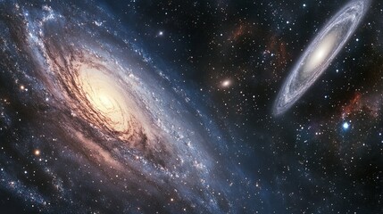 View of the Milky Way merging with the Andromeda Galaxy in deep space. This realistic photorealistic depiction captures the beauty of the spiral galaxies set against the vast interstellar backdrop