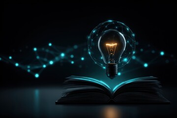 Illuminated book with glowing lightbulb