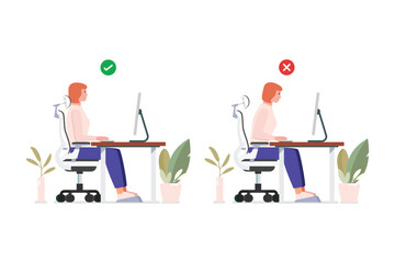 Good position vs bad posture for sitting at computer desk