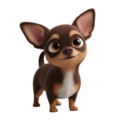 Adorable 3D-rendered brown chihuahua puppy, looking up with big eyes, standing against a white background.