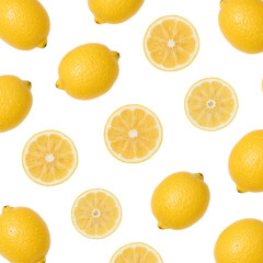 Vibrant Lemon Pattern Whole and Sliced Lemons on White Background