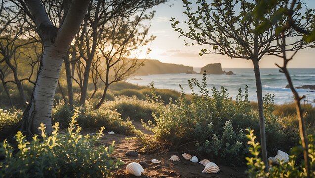 Seashells on Sandy Path Leading to Ocean View at Sunset