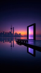 Sunrise city reflection with doorway