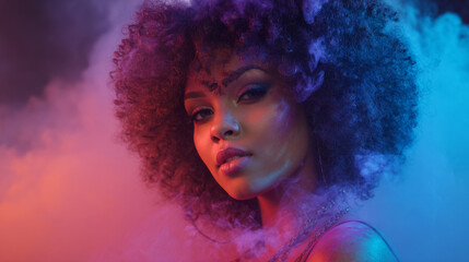 Stunning African American woman with afro hairstyle, surrounded by colorful smoke, exudes confidence and beauty