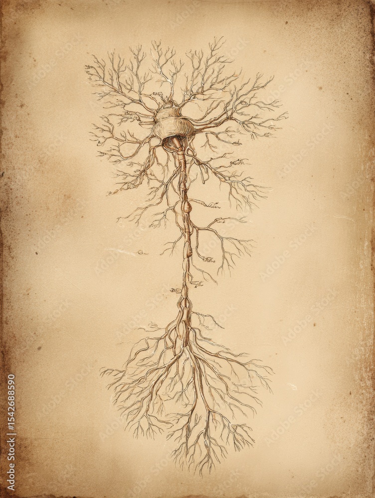 Poster Hand-drawn Anatomical Nerves Diagram in Vintage Sketch Style Showcasing Intricate Neural Pathways and Structures