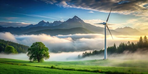 Serene sunrise landscape featuring a solitary wind turbine gracefully positioned amidst a misty meadow, backed by majestic mountain peaks
