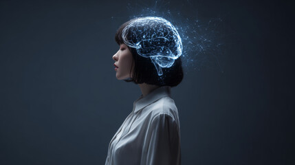 Profile view of woman with digital brain illustration above her head, symbolizing intelligence and creativity. image conveys sense of innovation
