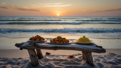 Serving food on driftwood table at beach during sunset