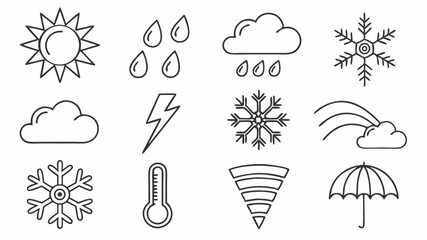 Black silhouette illustration of various weather icons including sun, rain, cloud, snowflake, lightning and umbrella symbols