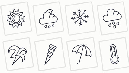 Black silhouette weather icons showing sun, rain, snow, storm, tornado, umbrella and thermometer in a simple line art style