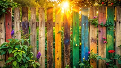 Obraz premium Vibrant Rainbow-Painted Wooden Fence Bathed in Warm Sunset Light, Adorned with Lush Greenery and Blooming Flowers, Evoking a Sense of Tranquil Summer Serenity