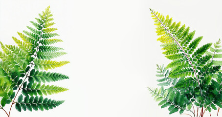 Botanical watercolour Illustration of a Fern Leaves on White Background. Space for text.	
