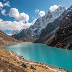 Fototapeta premium Stunning Turquoise Alpine Lake Surrounded by Majestic Snow Capped Mountains and Hiking Trail