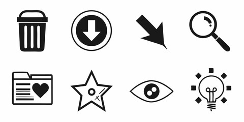 Black silhouette illustration of various interface icons including trash can heart arrows folder and light bulb in black