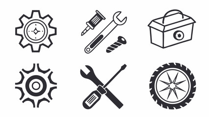 Black silhouette illustration of various tools including a gear, screwdriver, caliper, toolbox and hammer on white