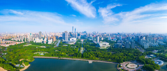 Aerial view of Shanghai skyline in downtown on sunny day.