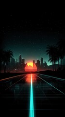 Retrofuturistic cityscape at sunset