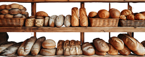 Display of assorted breads and pastries on wooden shelves in a bakery shop or grocery store setting