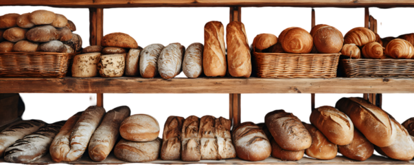 Display of assorted breads and pastries on wooden shelves in a bakery shop or grocery store setting