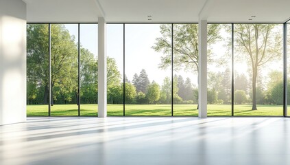 Naklejka premium Modern, minimalist interior with large windows overlooking a park