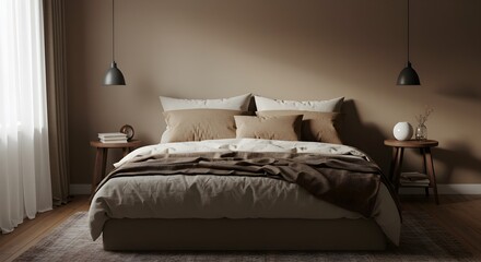 Cozy bedroom interior with modern decor and soft lighting in neutral tones