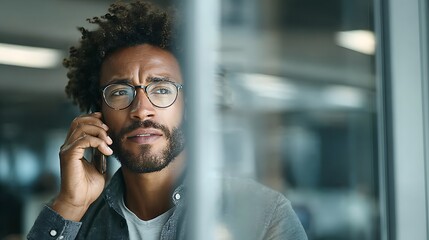 A male administrative assistant using a high-tech office phone system, with a focused and professional demeanor. 