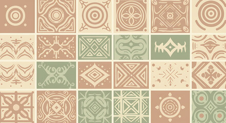 A set of vector tiles featuring a collection of ancient tribal and folk art patterns. Set for indigenous peoples day