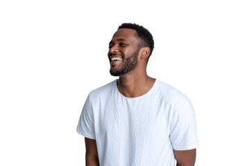 A joyful man in a plain white t-shirt smiles broadly against a soft gray background. capturing a moment of happiness and positivity. ideal for use in lifestyle and wellness contexts