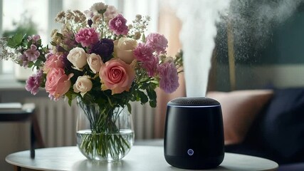 Aromatherapy diffuser releasing mist near flowers - Powered by Adobe