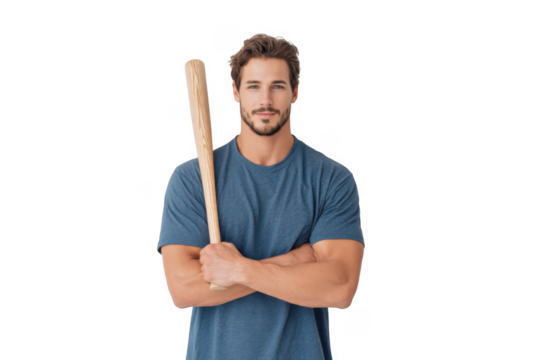 A confident young man in a casual blue t-shirt holds a wooden baseball bat across his chest. posing against a clean white background. suggesting themes of sports. strength. and determination
