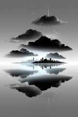 City reflected in clouds over water