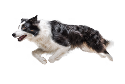 A border collie energetically leaps forward in a dynamic pose. showcasing its agility and strength. set against a clean white background that emphasizes its movement and playful spirit