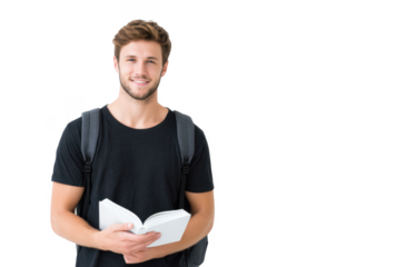 Young man smiling while holding an open book. standing against a plain white background. suggesting a moment of learning or leisure reading. ideal for educational or lifestyle themes