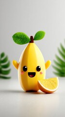 Cute cartoon yellow fruit character with a slice