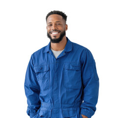 A confident man wearing a blue work jumpsuit smiles warmly at the camera. standing against a plain white background. suggesting a professional or casual setting