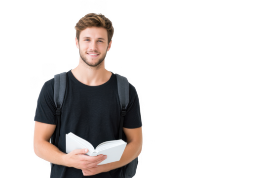 Young man smiling while holding an open book. standing against a plain white background. suggesting a moment of learning or leisure reading. ideal for educational or lifestyle themes