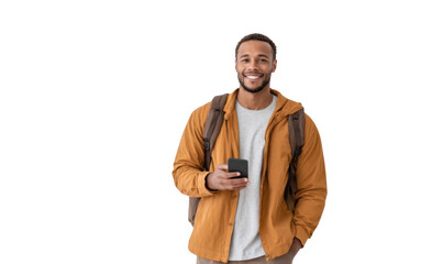 A young man with a backpack stands confidently against a plain white wall. holding a smartphone. showcasing a casual and approachable demeanor. ideal for lifestyle and technology themes