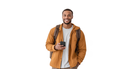 A young man with a backpack stands confidently against a plain white wall. holding a smartphone. showcasing a casual and approachable demeanor. ideal for lifestyle and technology themes