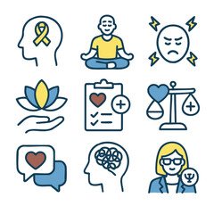 Mindfulness icons, mental health symbols, emotional wellness, balance, self care