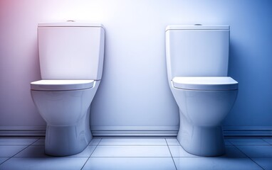 Two modern white toilets against a light-toned wall