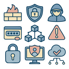 Secure icons representing cybersecurity, including firewalls, shields, and data protection