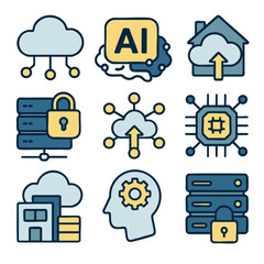 Cloud technology icons, including AI, security, and data storage, represent modern digital