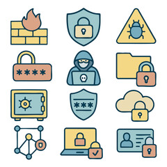 Secure icons representing cybersecurity concepts, including firewalls, locks, and hackers