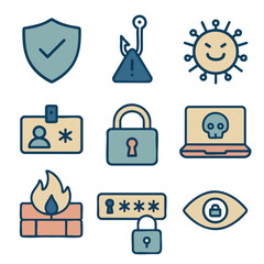 Secure icons representing cybersecurity concepts, including protection, phishing, and malware