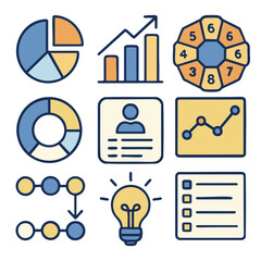 Data visualization icons including charts, graphs, and diagrams convey information effectively