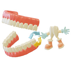 Loose tooth. Wobbly tooth. Cartoon tooth character pointing to loose tooth of 3D teeth model. Dental treatment.