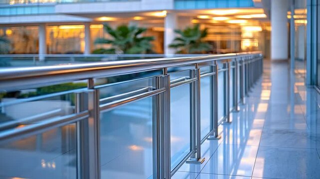 Metal railing reflects corridor's golden indoor light