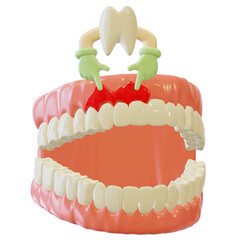 Cartoon character of tooth pointing at bleeding gum. 3D cartoon tooth pointing at bleeding gum that need dental treatment by a dentist. Gum disease.