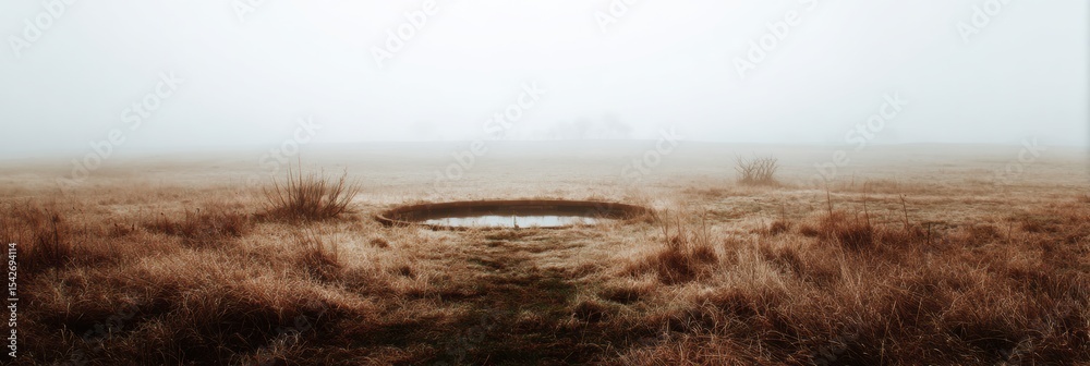 Poster Fog Envelops a Desolate Landscape Featuring a Circular Pool and Vast Emptiness Under a Grey Sky at Dawn