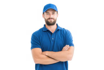 A confident male worker in a blue polo shirt and cap stands with arms crossed against a plain white background. exuding professionalism and approachability for potential service-related use